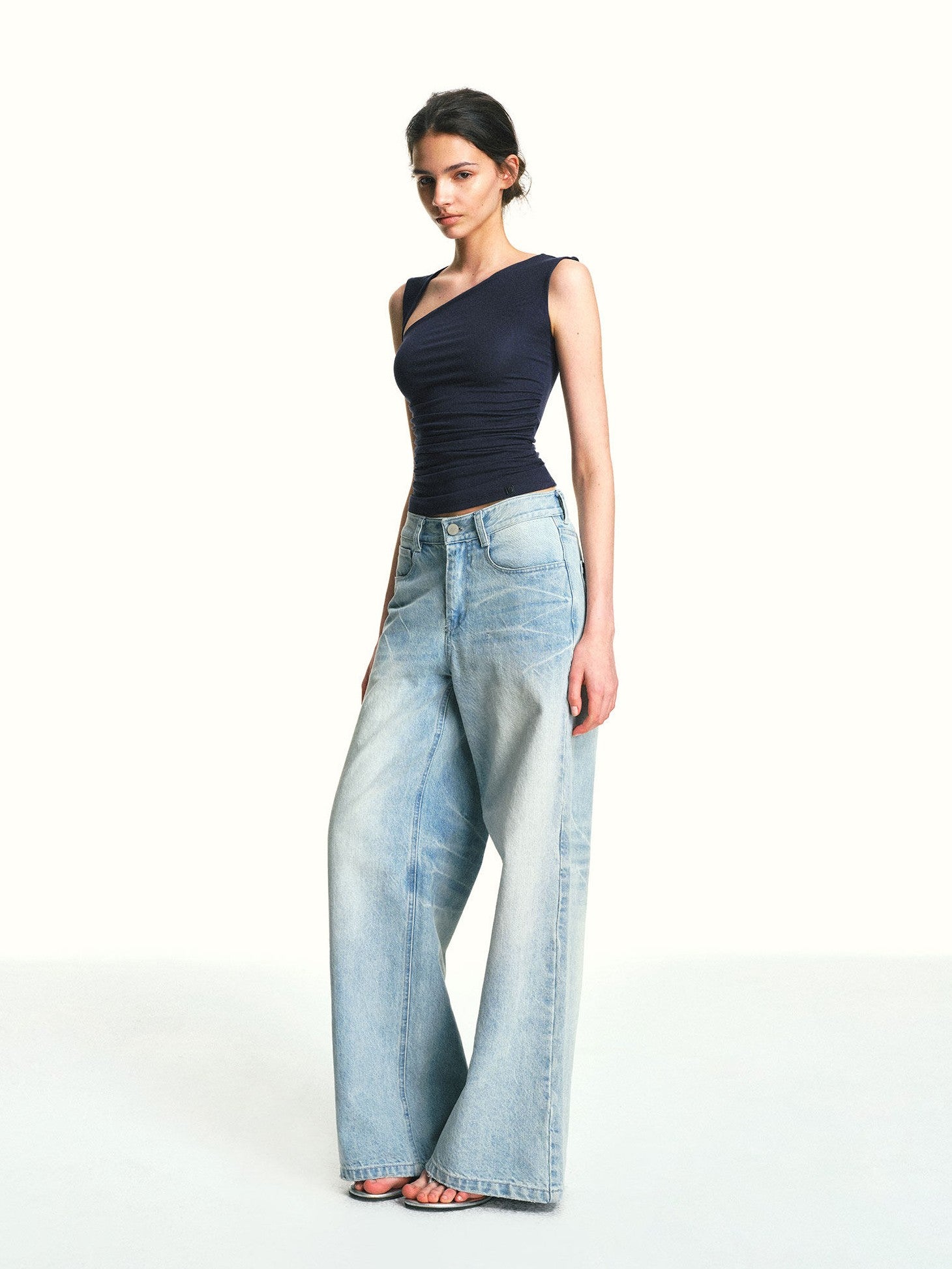 kvkv Navy Blue One Shoulder Square Neck Ruched Slim Women&