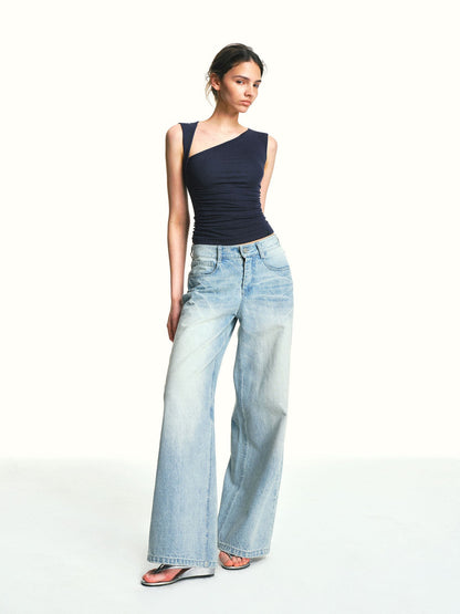 kvkv Navy Blue One Shoulder Square Neck Ruched Slim Women&