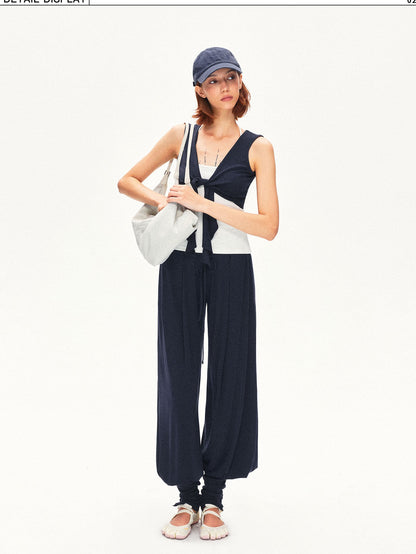 kvkv Navy Breathable Pleated Elastic Waist Women&