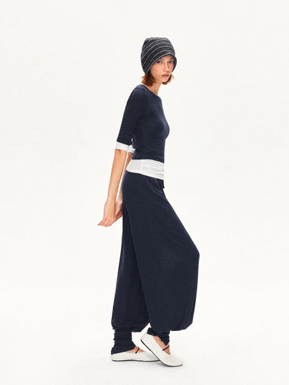 kvkv Navy Breathable Pleated Elastic Waist Women&