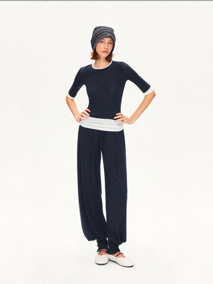 kvkv Navy Breathable Pleated Elastic Waist Women&