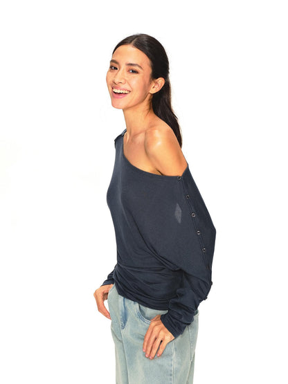 kvkv Navy One Shoulder Asymmetric Open Back Buttoned Loose Women&