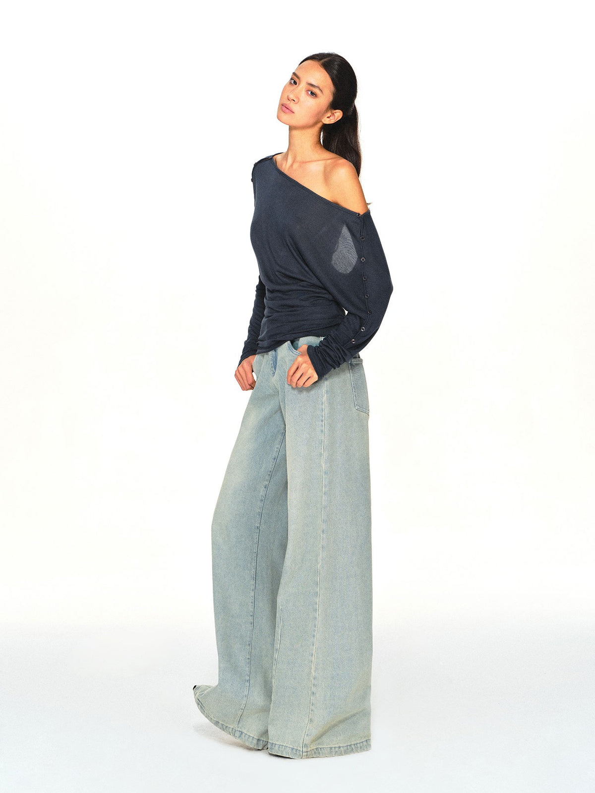 kvkv Navy One Shoulder Asymmetric Open Back Buttoned Loose Women&