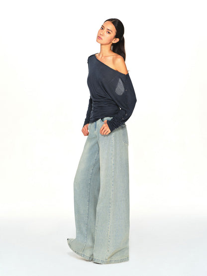 kvkv Navy One Shoulder Asymmetric Open Back Buttoned Loose Women&
