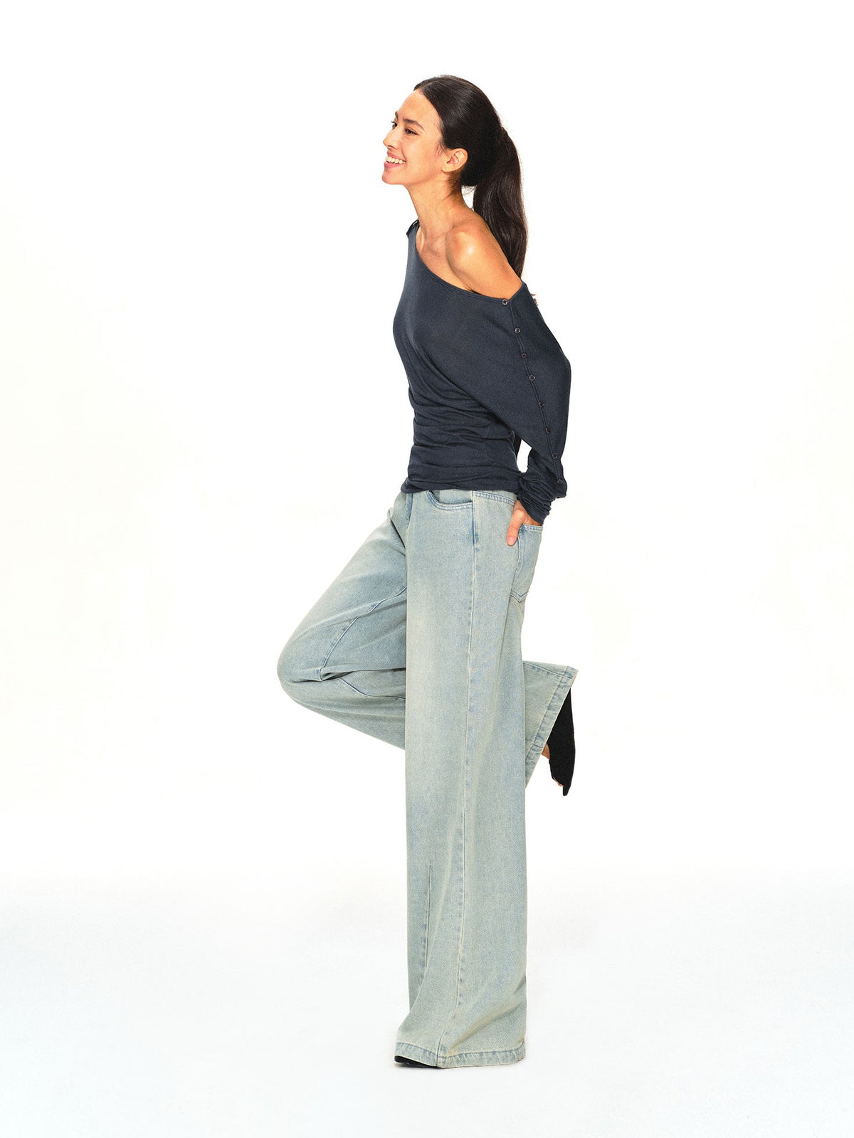 kvkv Navy One Shoulder Asymmetric Open Back Buttoned Loose Women&
