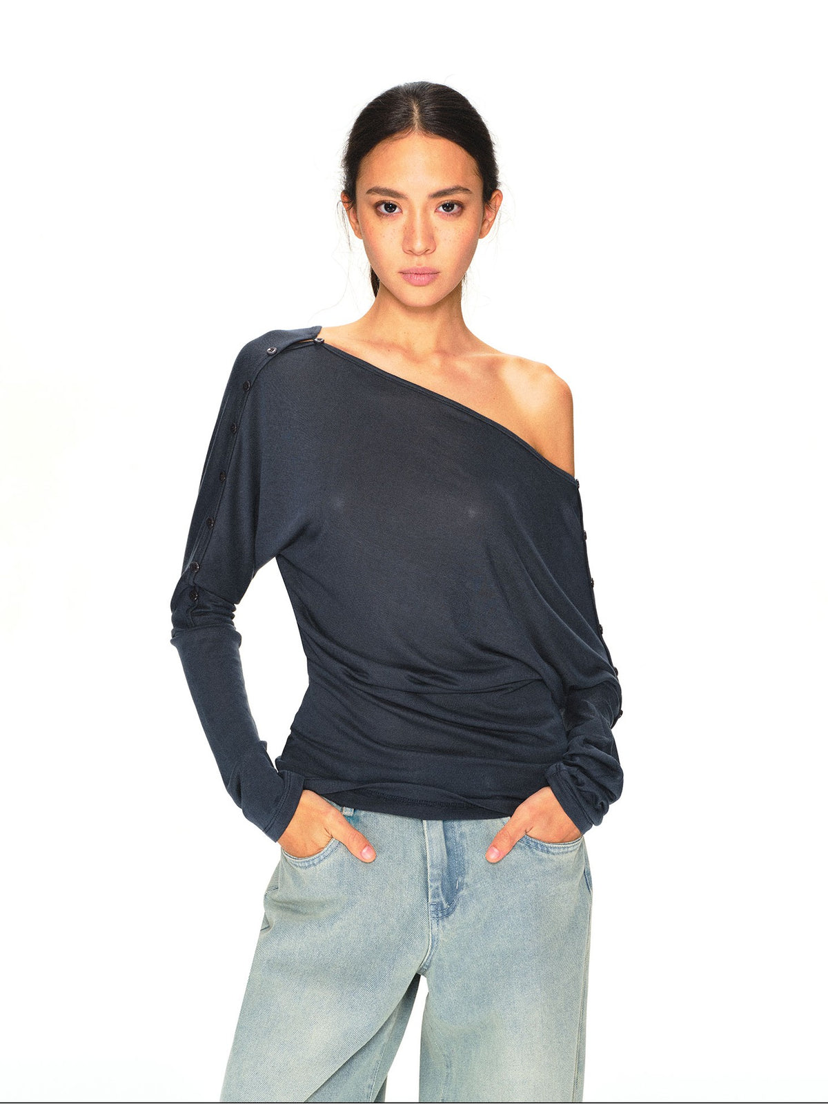 kvkv Navy One Shoulder Asymmetric Open Back Buttoned Loose Women&