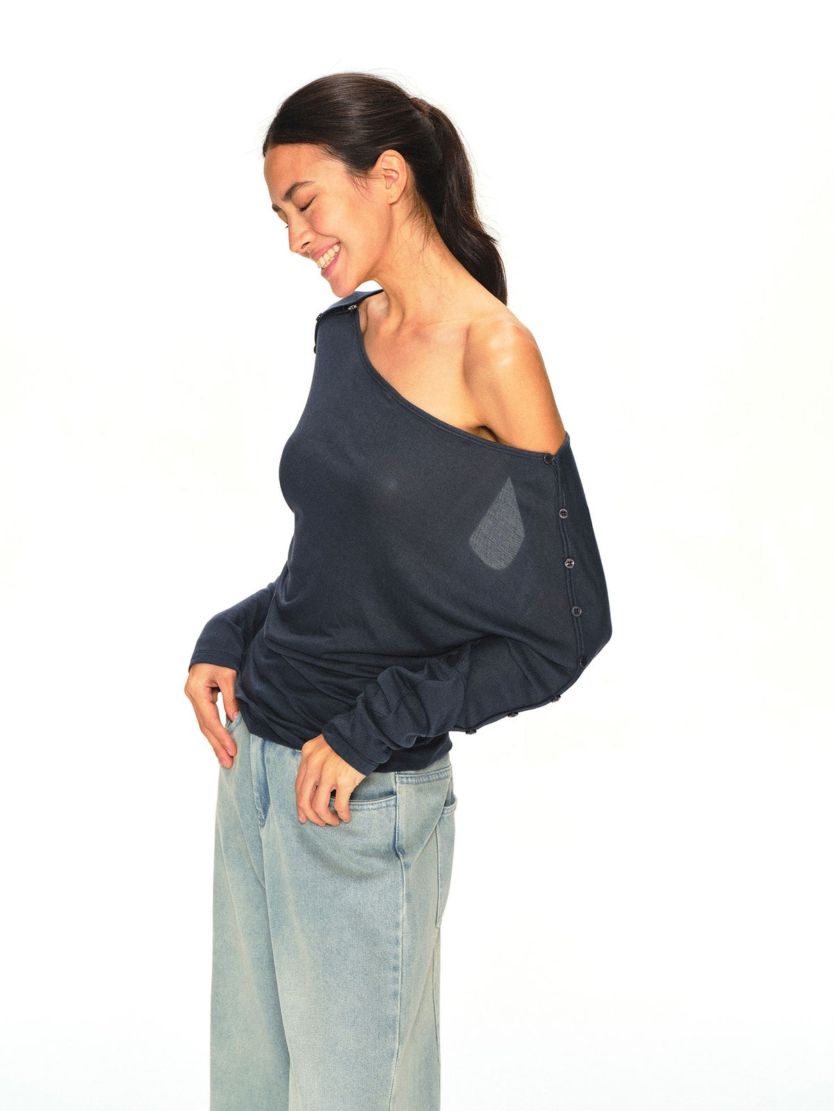 kvkv Navy One Shoulder Asymmetric Open Back Buttoned Loose Women&