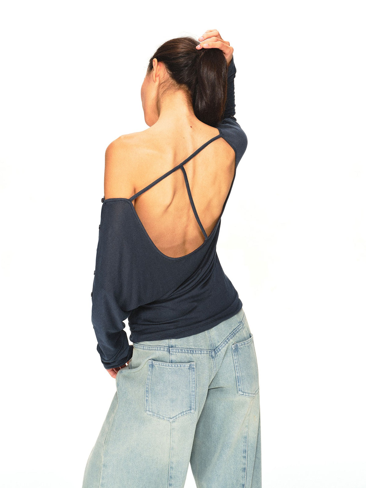 kvkv Navy One Shoulder Asymmetric Open Back Buttoned Loose Women&