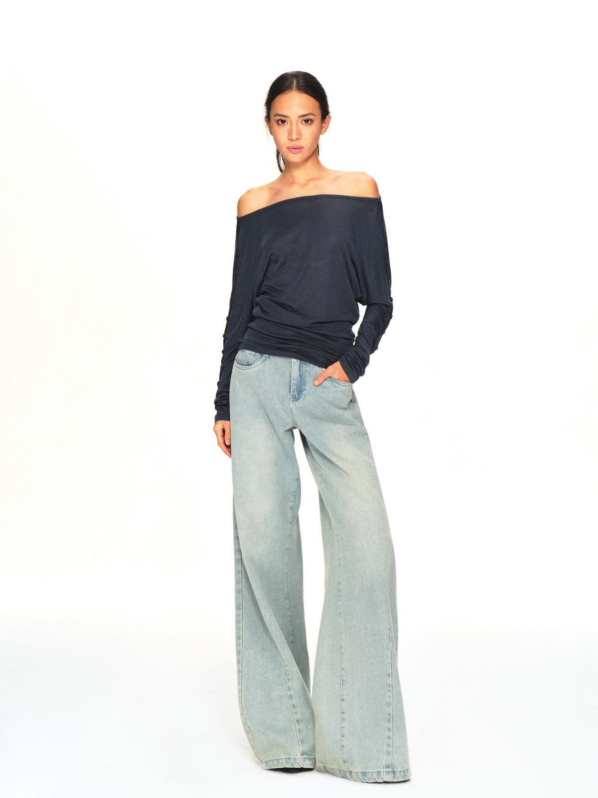 kvkv Navy One Shoulder Asymmetric Open Back Buttoned Loose Women&