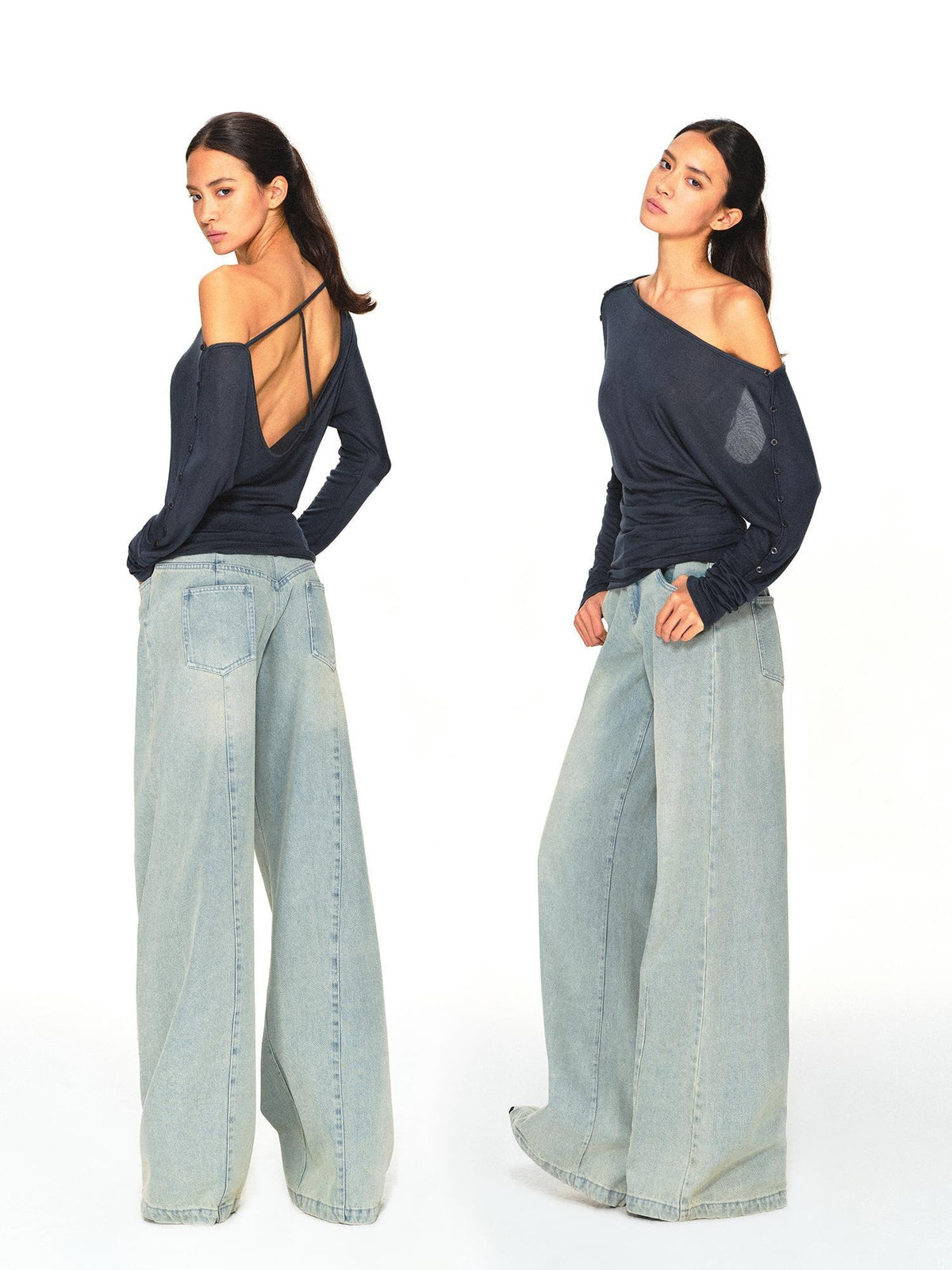 kvkv Navy One Shoulder Asymmetric Open Back Buttoned Loose Women&