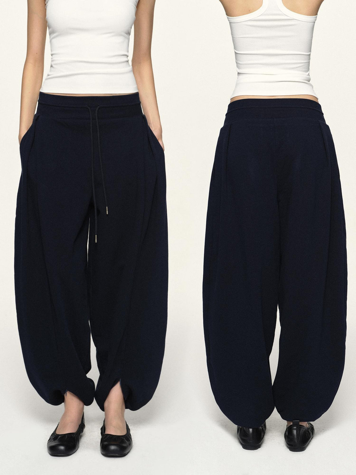 kvkv Navy Wide Waist Drawstring Zip Cuff Cocoon Stretch Women&