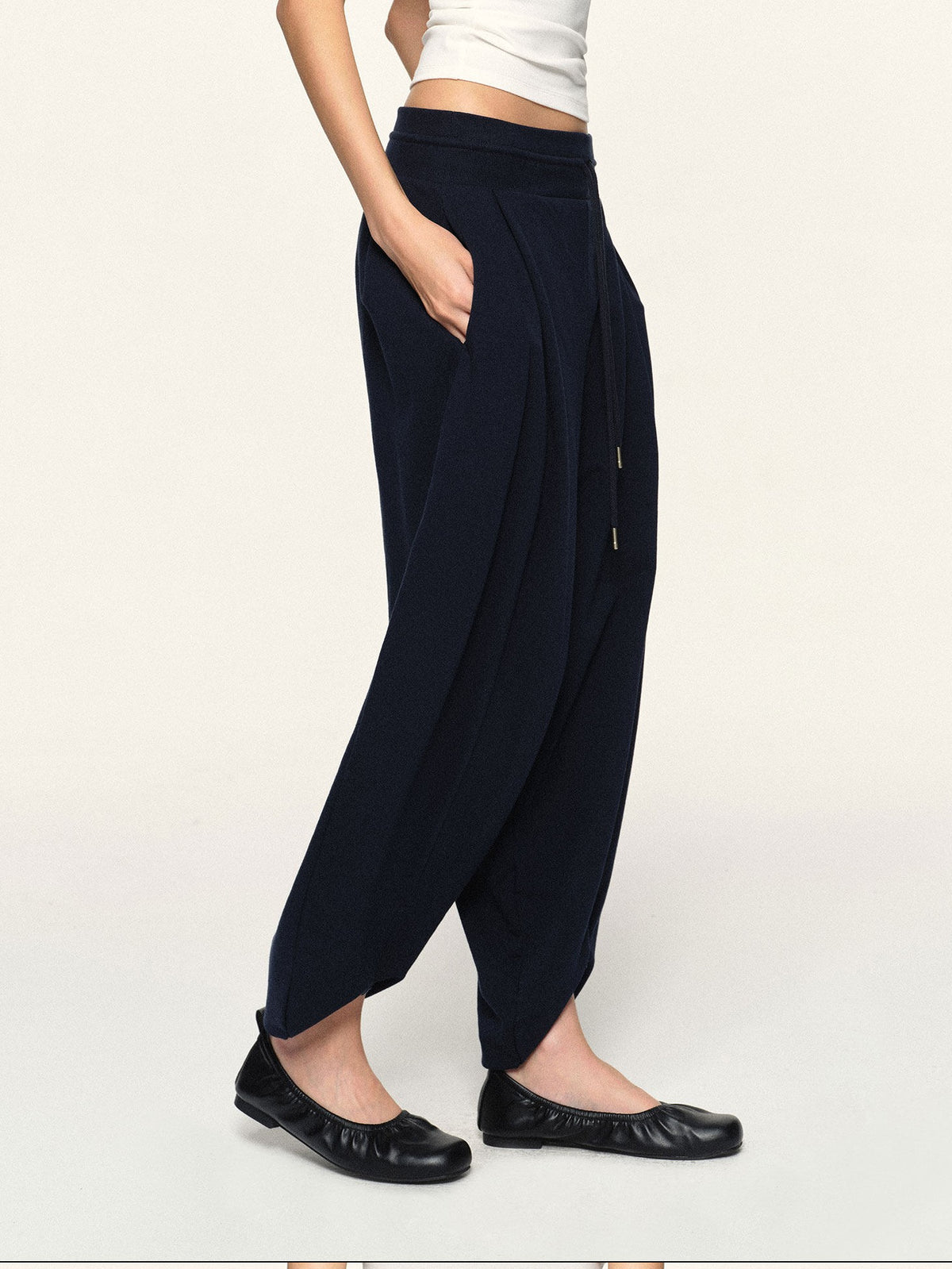 kvkv Navy Wide Waist Drawstring Zip Cuff Cocoon Stretch Women&