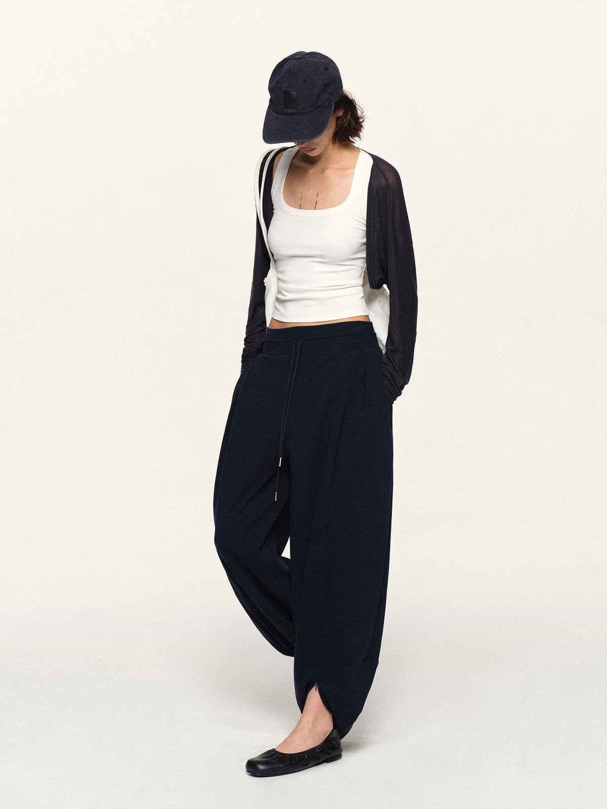 kvkv Navy Wide Waist Drawstring Zip Cuff Cocoon Stretch Women&