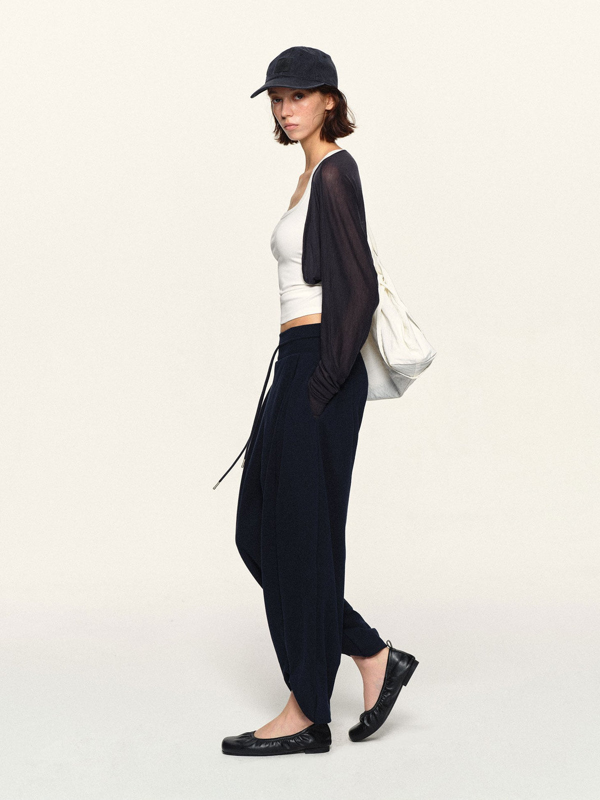 kvkv Navy Wide Waist Drawstring Zip Cuff Cocoon Stretch Women&