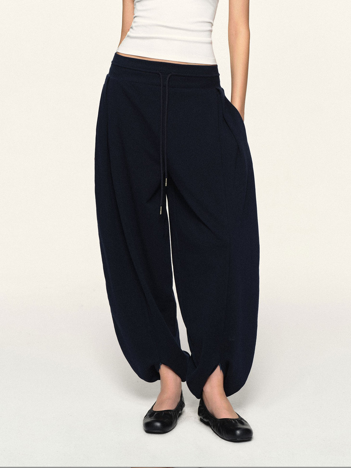 kvkv Navy Wide Waist Drawstring Zip Cuff Cocoon Stretch Women&