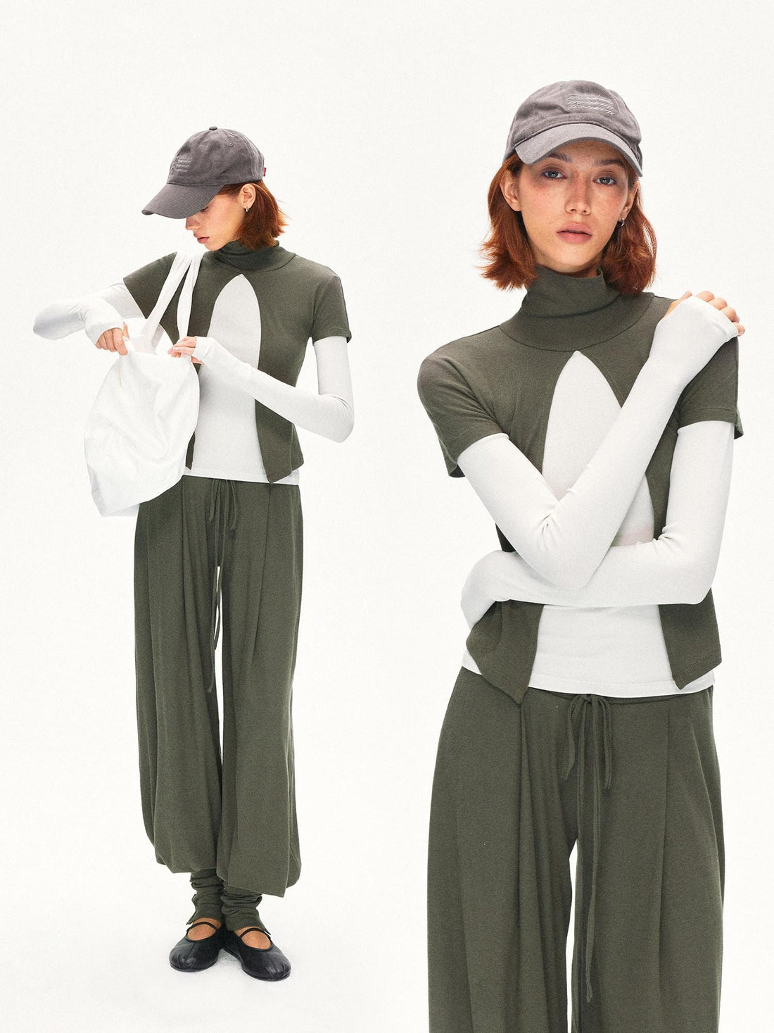 kvkv Oak Green Spliced Sleeve Mock Neck Women&