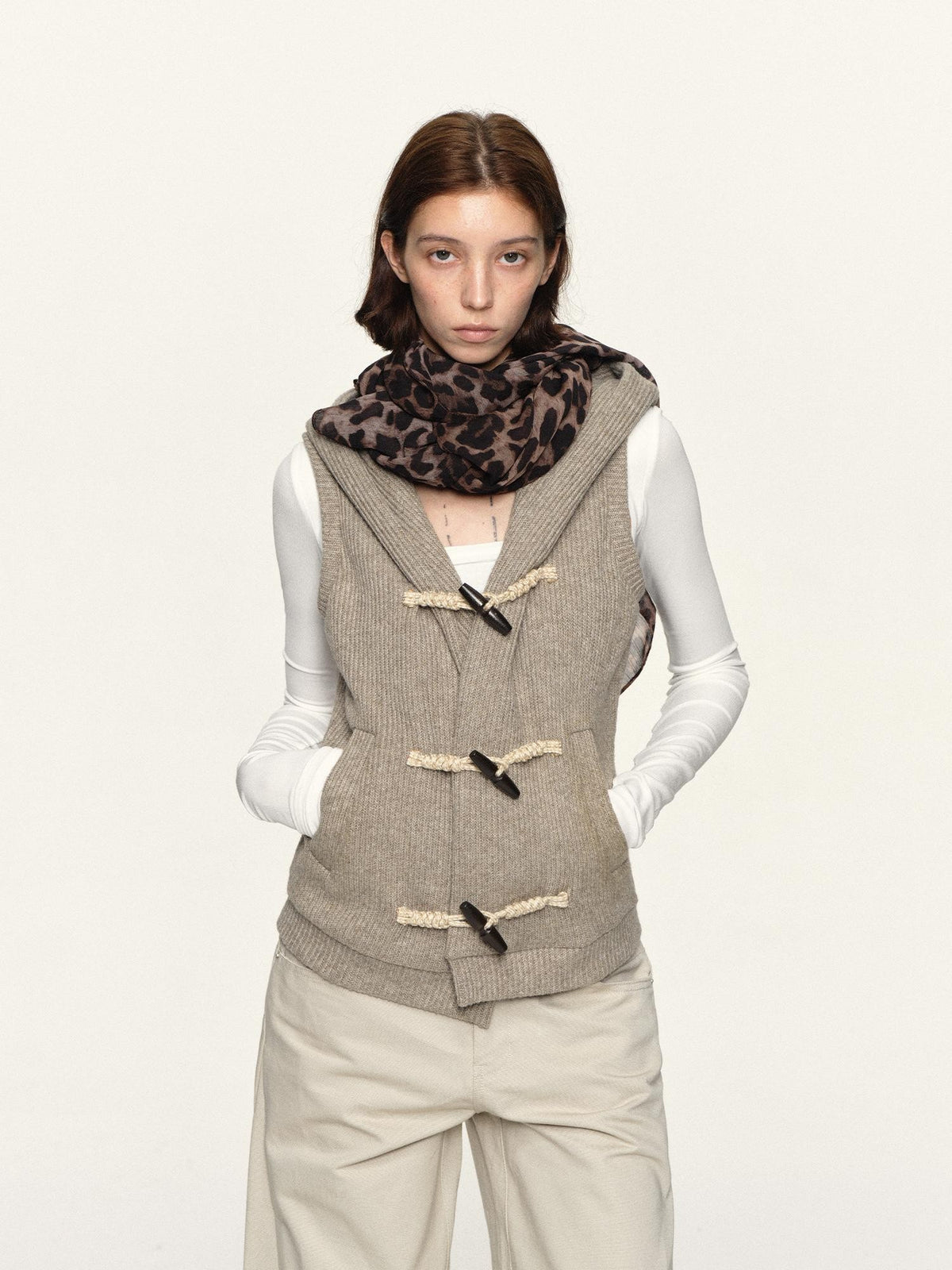 kvkv Oatmeal Rib Knit Horn Button Hooded Wool Blend Women&