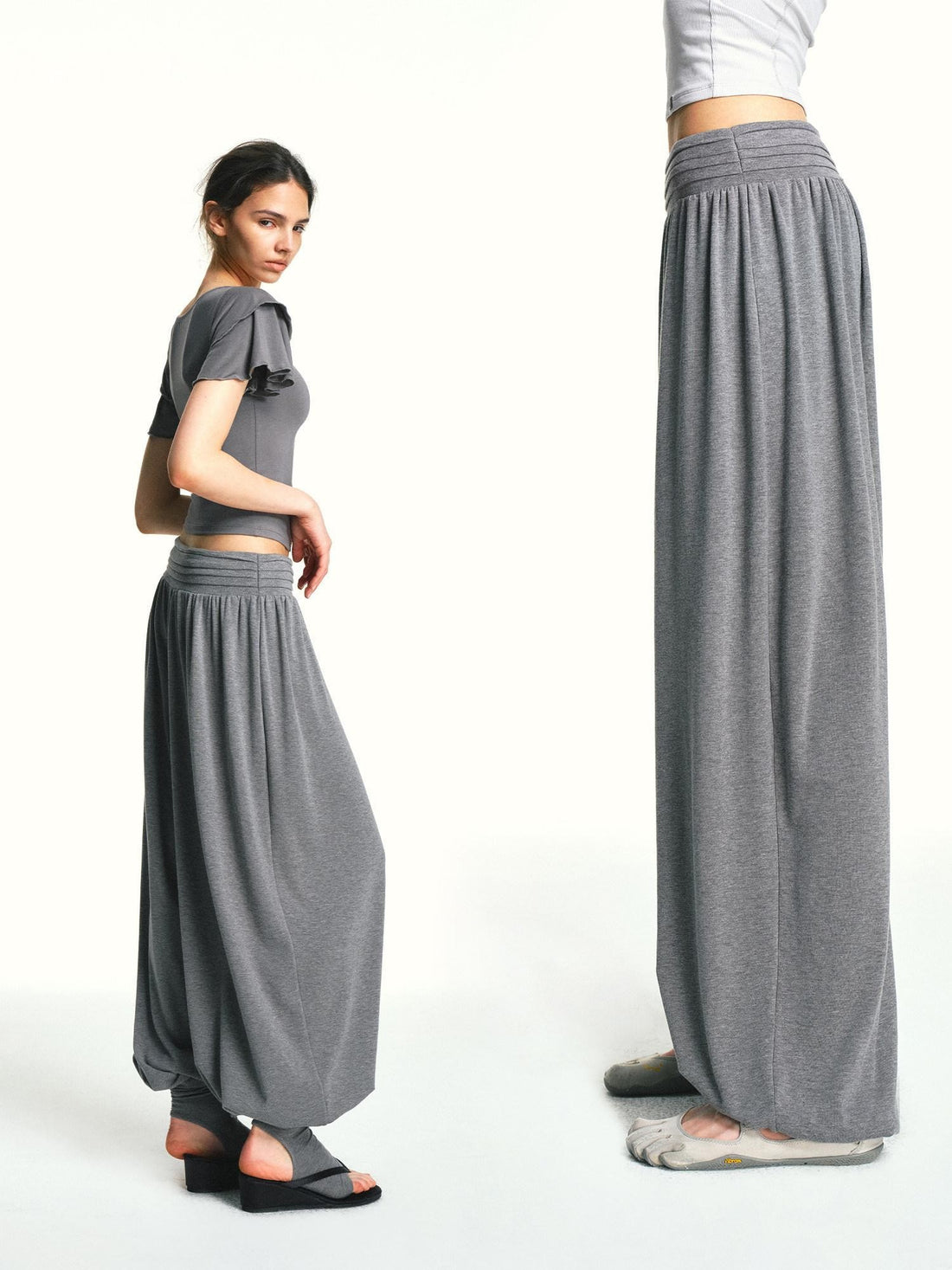 kvkv Oatmeal Slub Detachable Pleated Wide Waist Women&