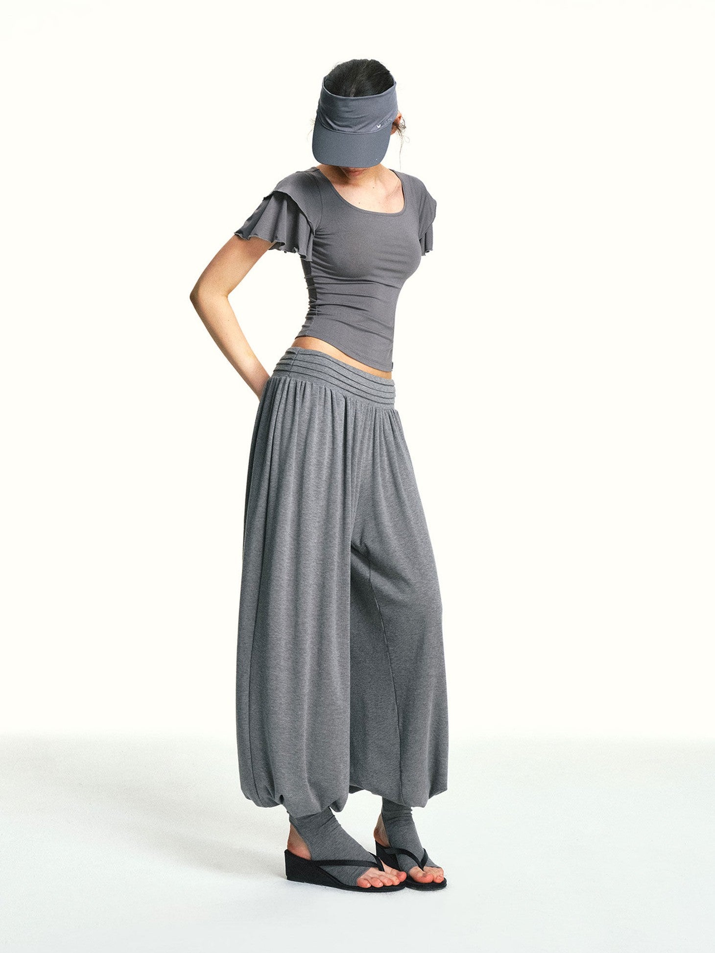 kvkv Oatmeal Slub Detachable Pleated Wide Waist Women&