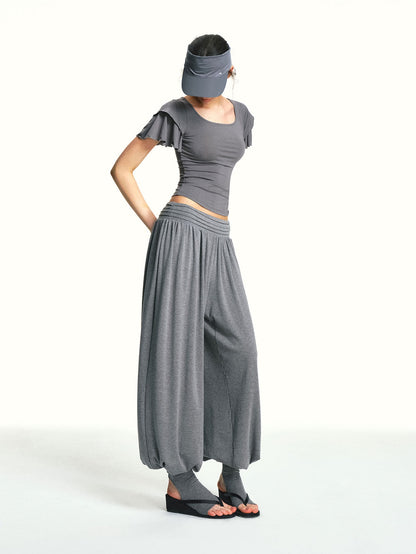 kvkv Oatmeal Slub Detachable Pleated Wide Waist Women&