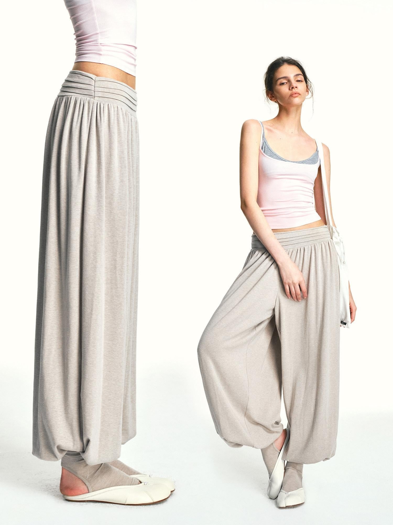 kvkv Oatmeal Slub Detachable Pleated Wide Waist Women&