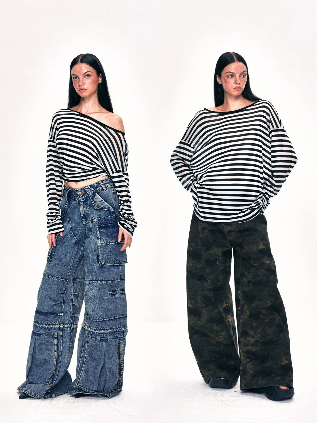 kvkv Off Shoulder Black And White Striped Long Sleeve Top