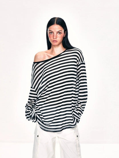 kvkv Off Shoulder Black And White Striped Long Sleeve Top
