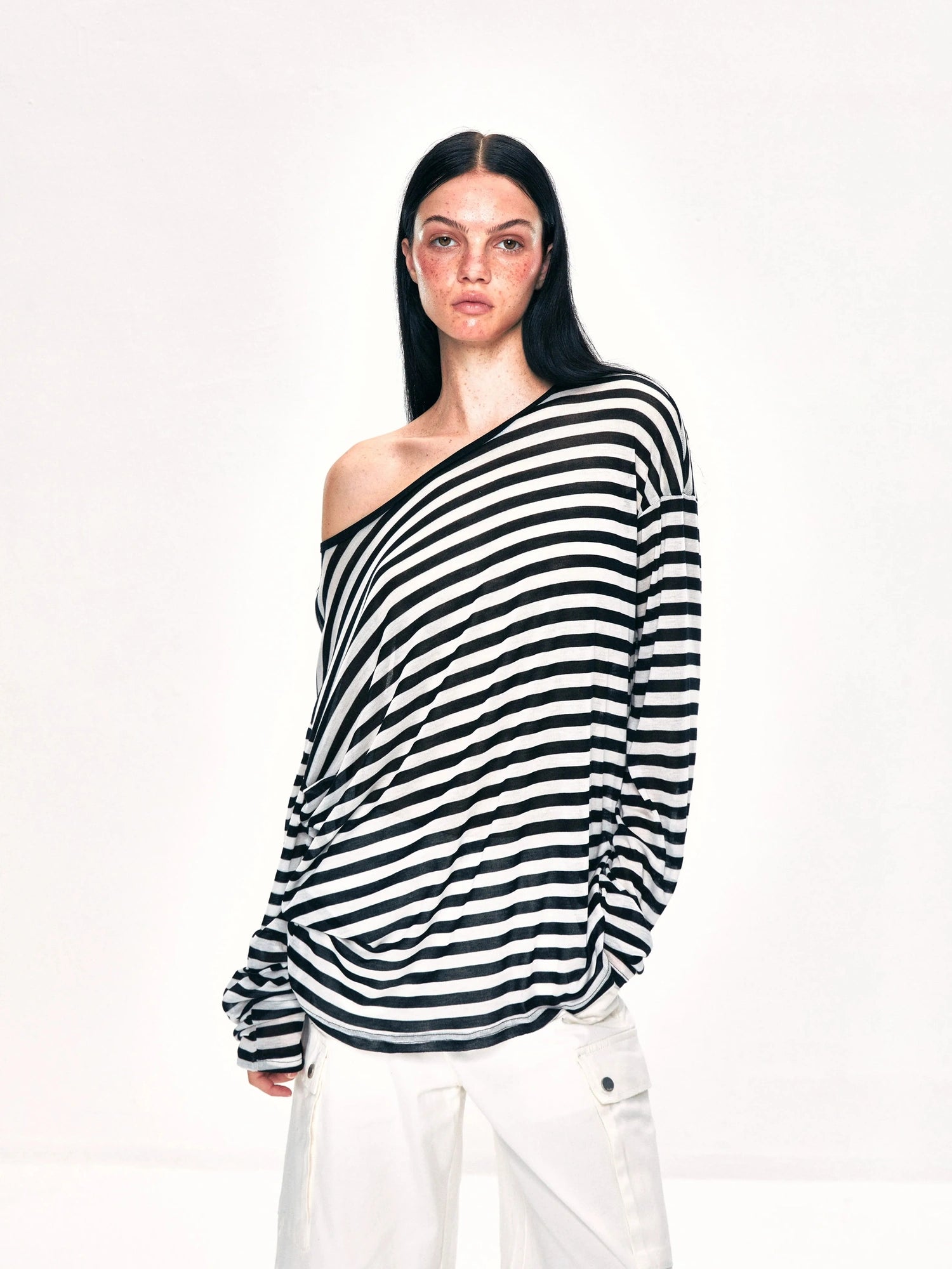 kvkv Off Shoulder Black And White Striped Long Sleeve Top