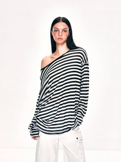 kvkv Off Shoulder Black And White Striped Long Sleeve Top