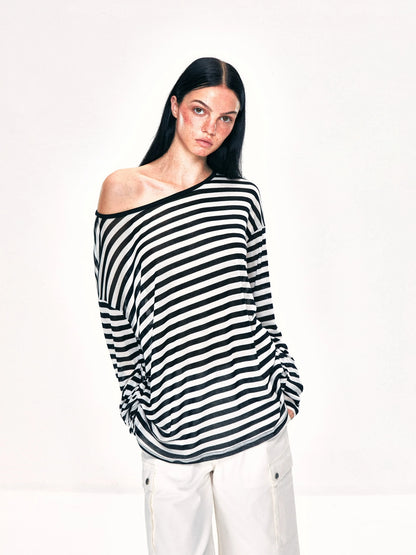 kvkv Off Shoulder Black And White Striped Long Sleeve Top