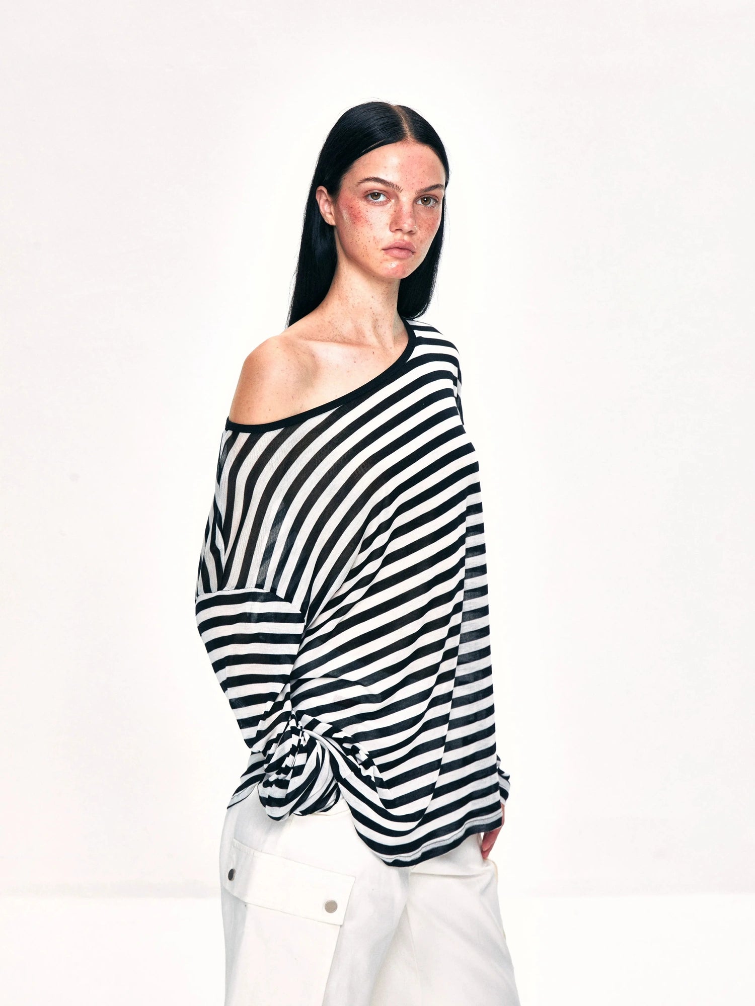 kvkv Off Shoulder Black And White Striped Long Sleeve Top
