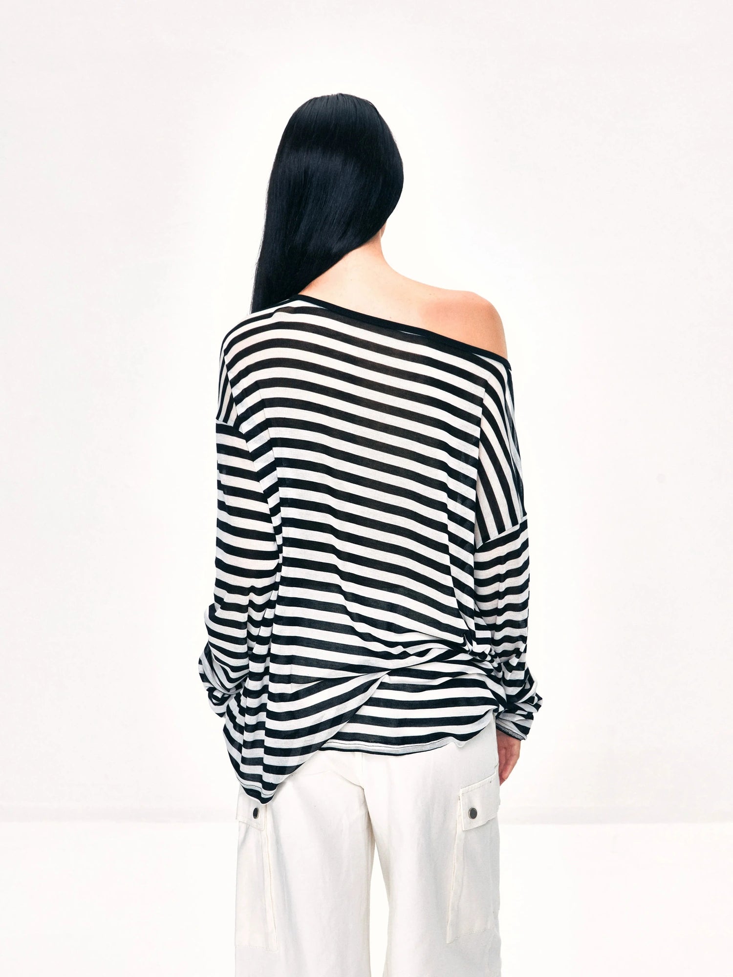 kvkv Off Shoulder Black And White Striped Long Sleeve Top