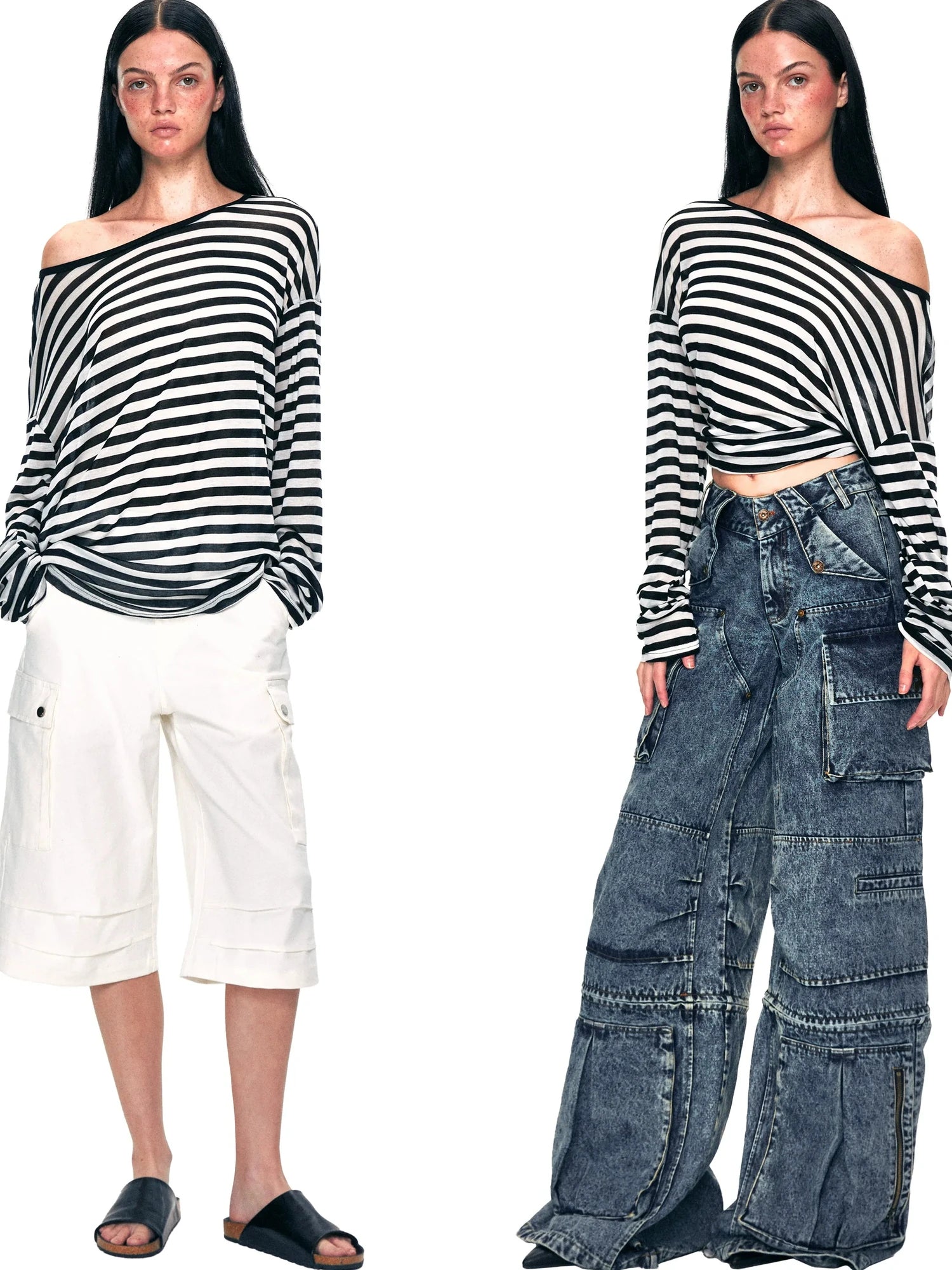 kvkv Off Shoulder Black And White Striped Long Sleeve Top