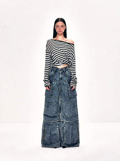 kvkv Off Shoulder Black And White Striped Long Sleeve Top
