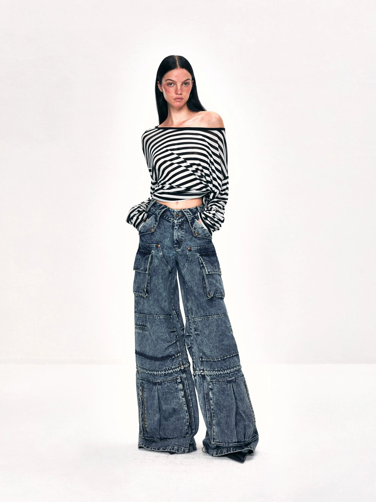 kvkv Off Shoulder Black And White Striped Long Sleeve Top
