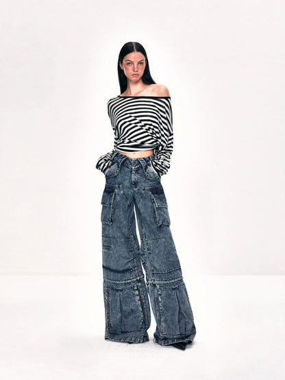 kvkv Off Shoulder Black And White Striped Long Sleeve Top