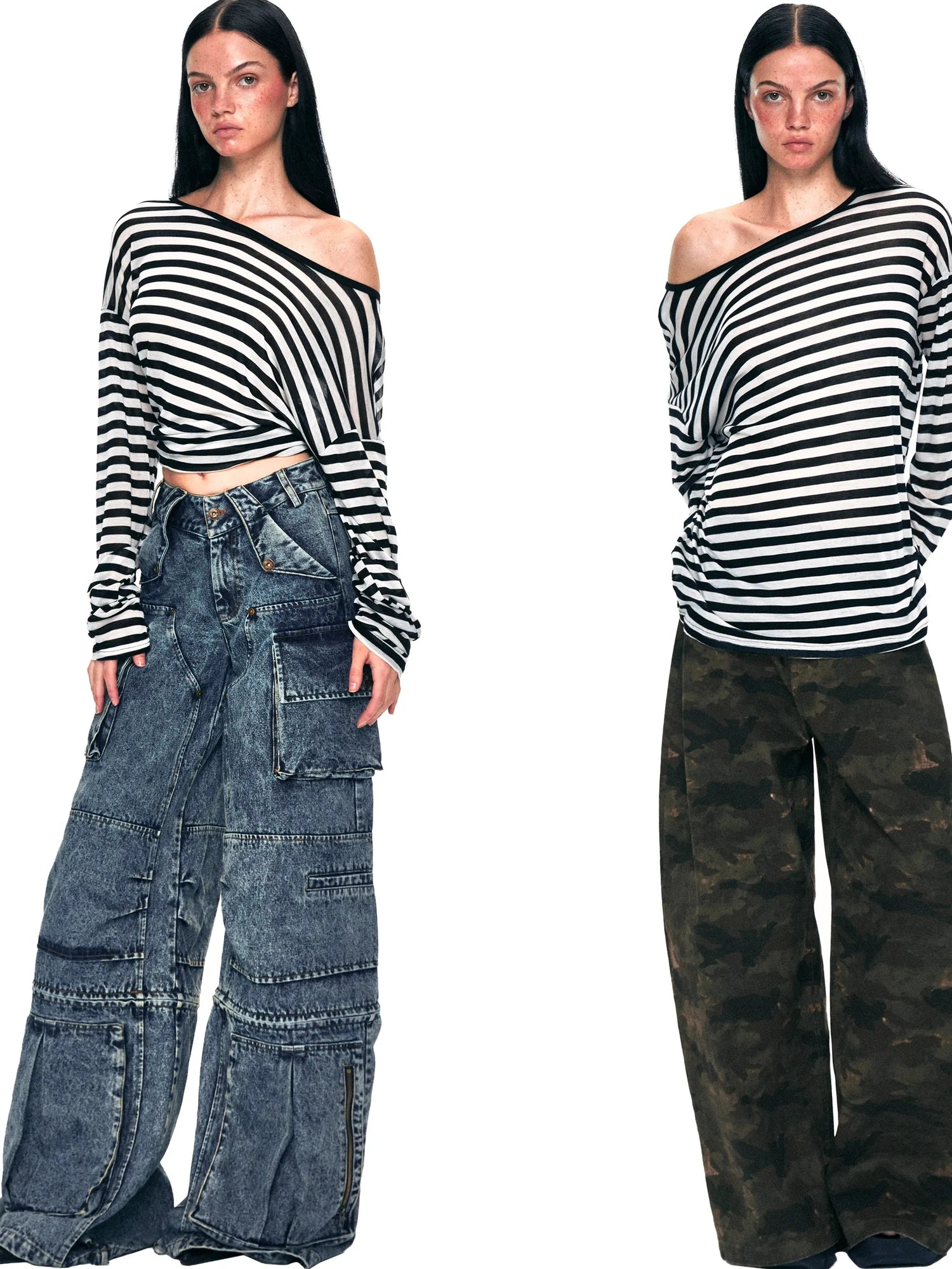 kvkv Off Shoulder Black And White Striped Long Sleeve Top