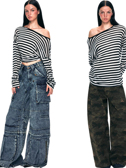 kvkv Off Shoulder Black And White Striped Long Sleeve Top