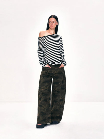 kvkv Off Shoulder Black And White Striped Long Sleeve Top