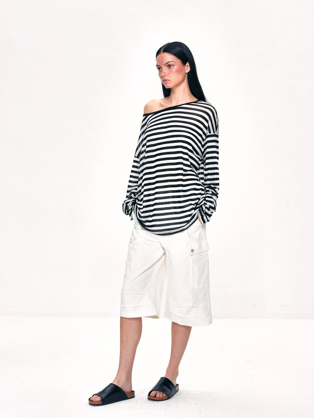 kvkv Off Shoulder Black And White Striped Long Sleeve Top
