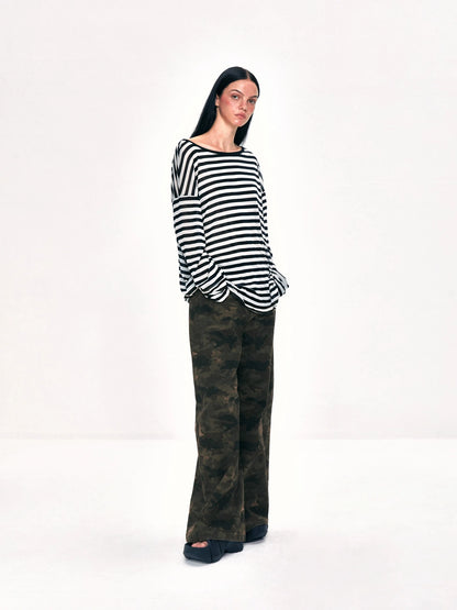 kvkv Off Shoulder Black And White Striped Long Sleeve Top