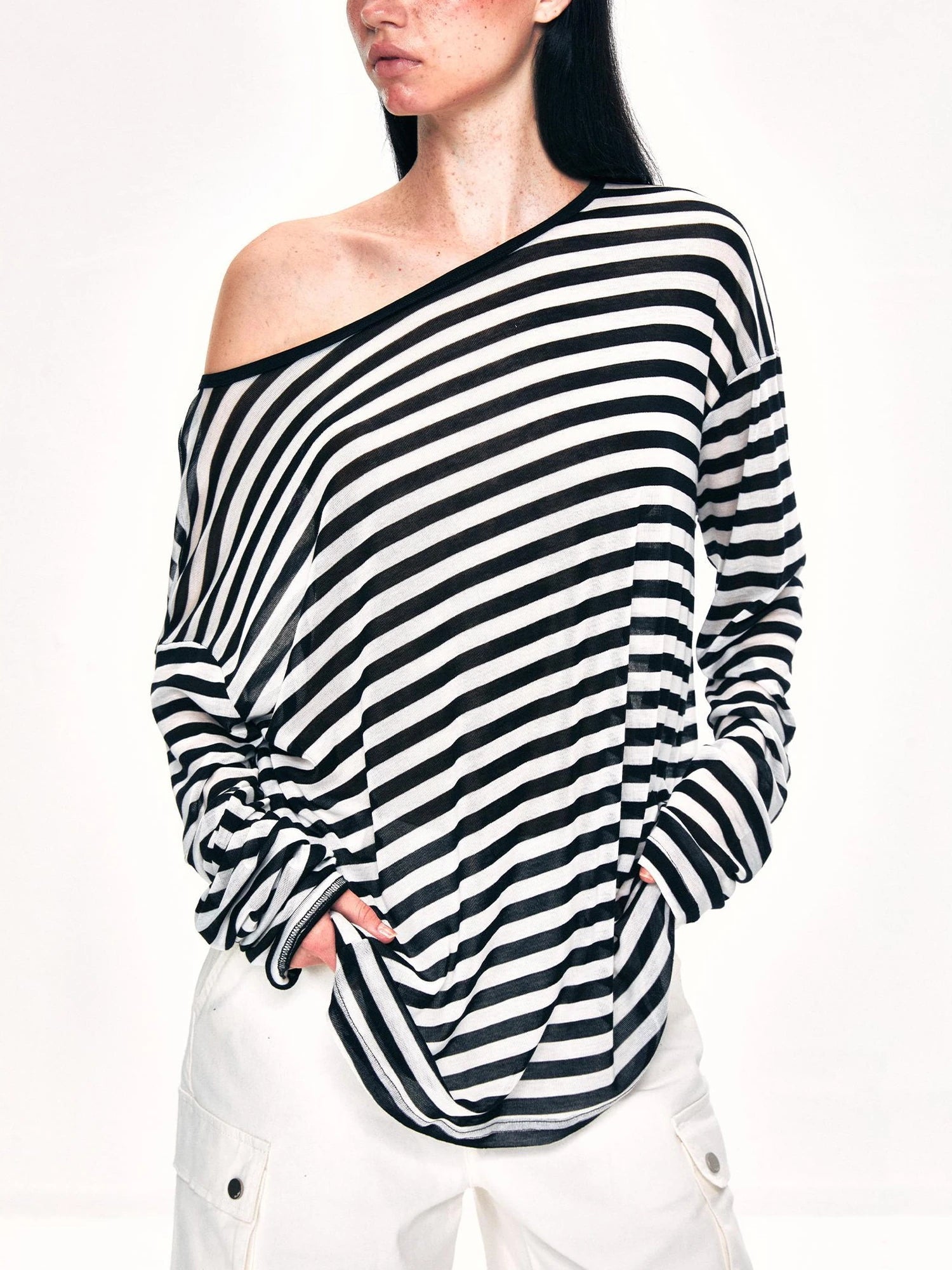 kvkv Off Shoulder Black And White Striped Long Sleeve Top