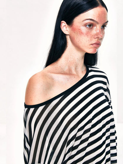 kvkv Off Shoulder Black And White Striped Long Sleeve Top