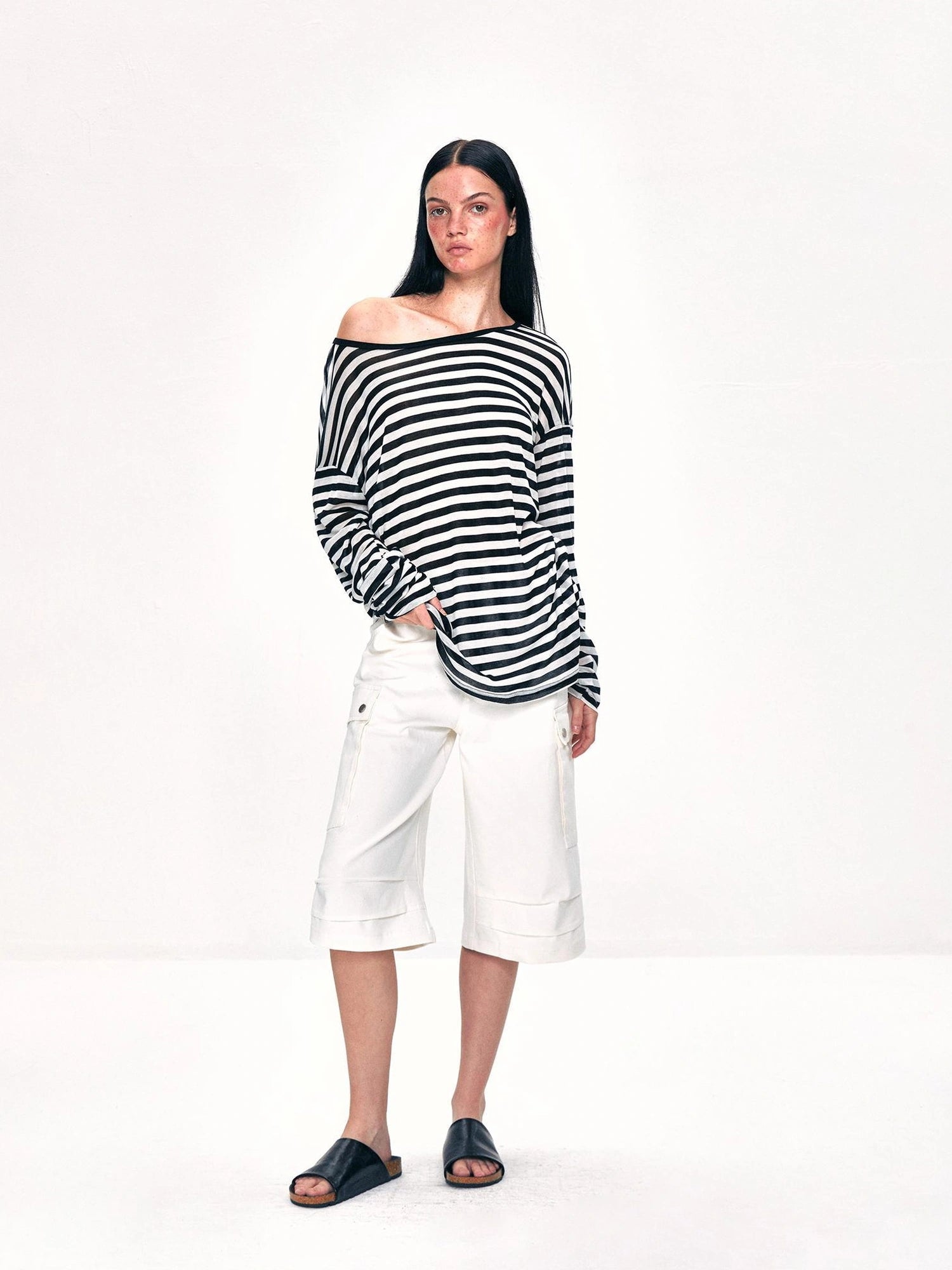 kvkv Off Shoulder Black And White Striped Long Sleeve Top
