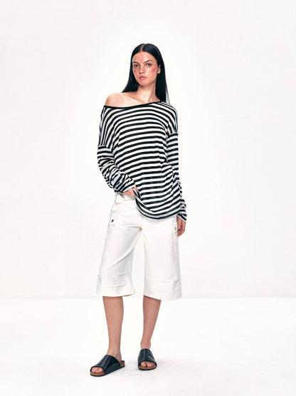 kvkv Off Shoulder Black And White Striped Long Sleeve Top