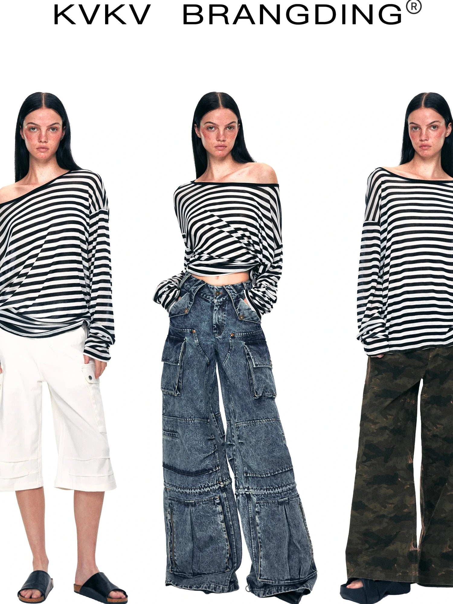 kvkv Off Shoulder Black And White Striped Long Sleeve Top
