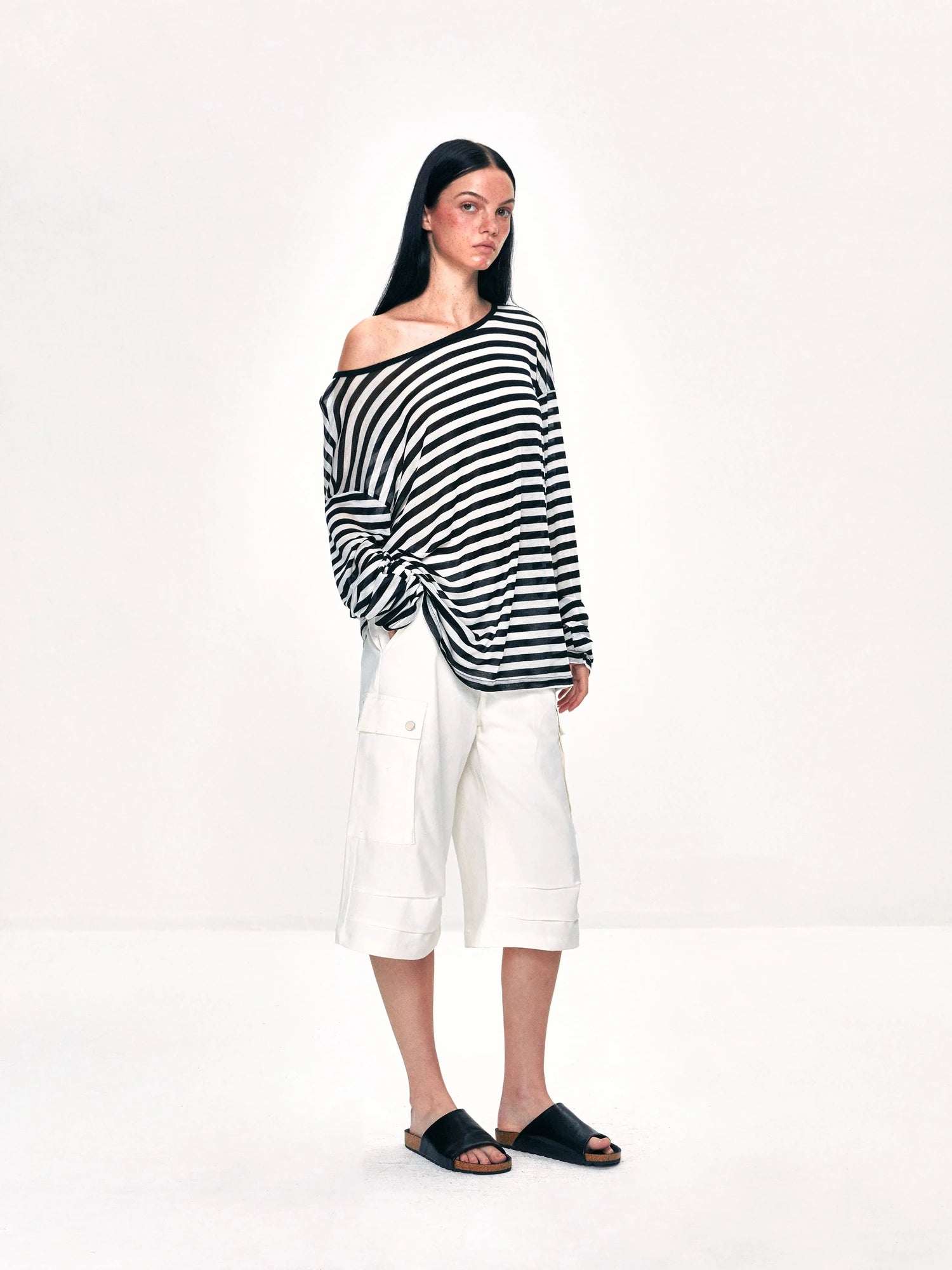 kvkv Off Shoulder Black And White Striped Long Sleeve Top