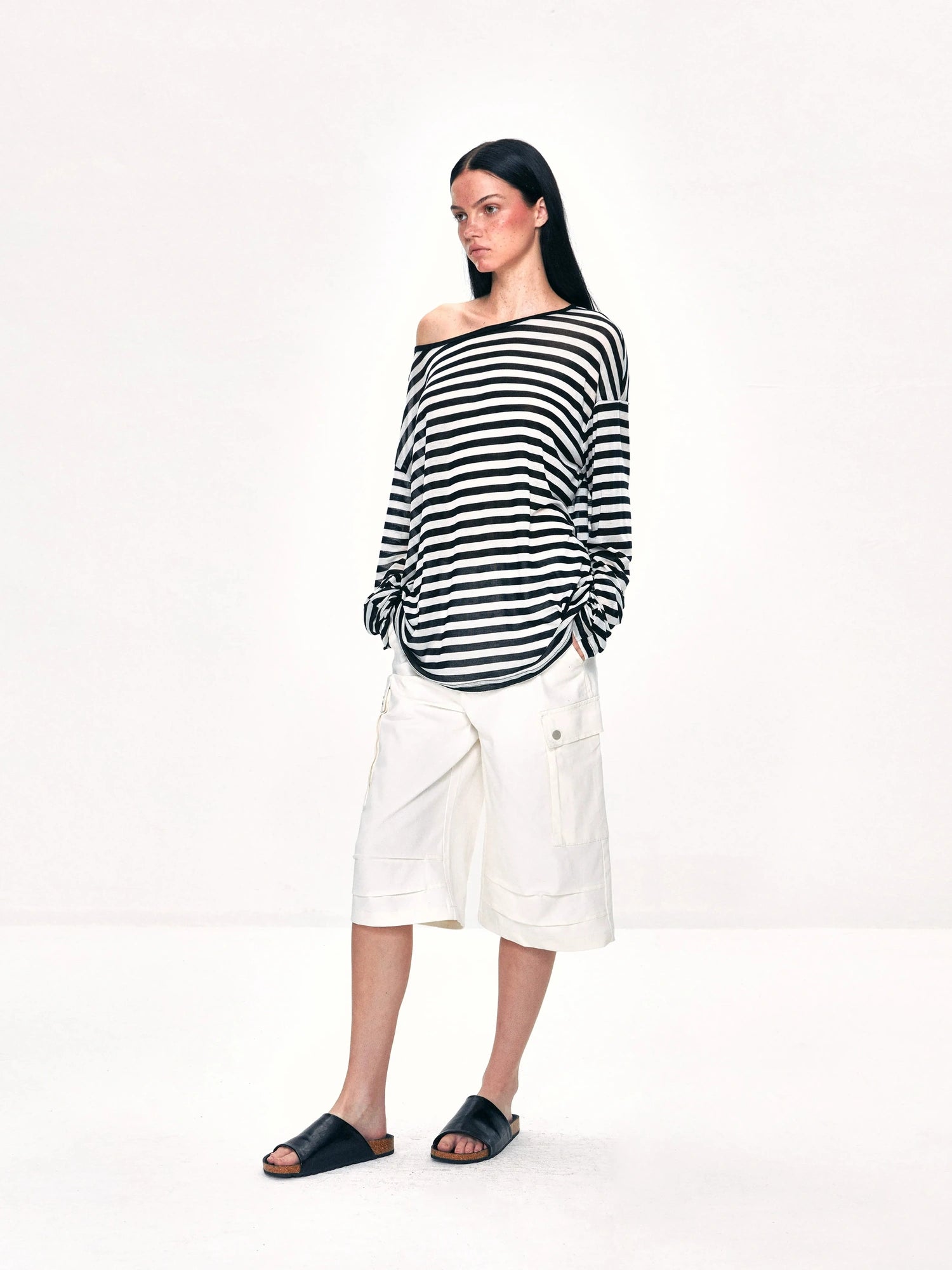 kvkv Off Shoulder Black And White Striped Long Sleeve Top