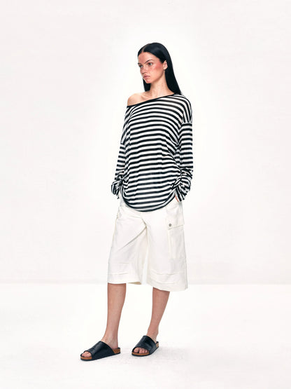 kvkv Off Shoulder Black And White Striped Long Sleeve Top
