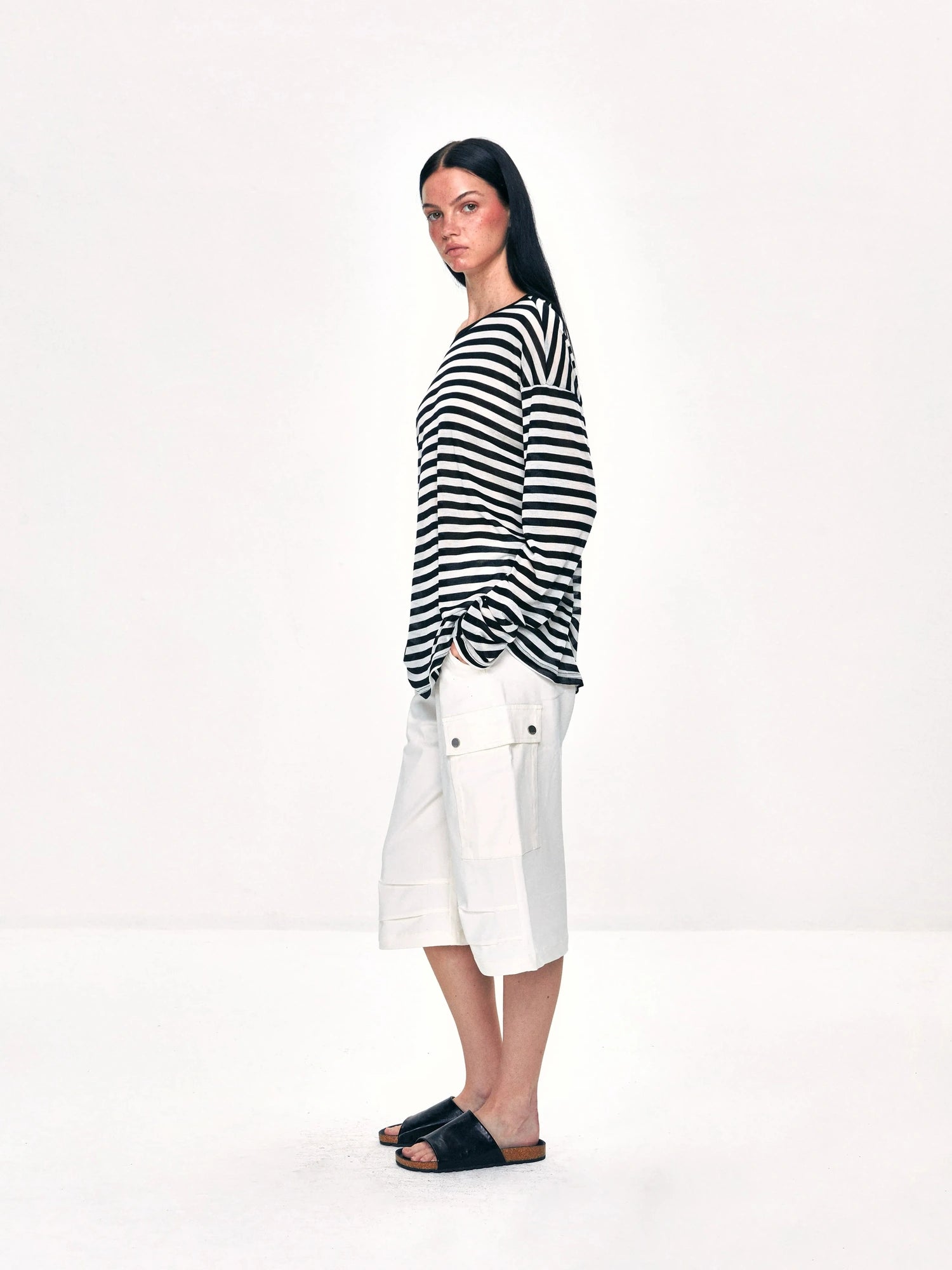 kvkv Off Shoulder Black And White Striped Long Sleeve Top